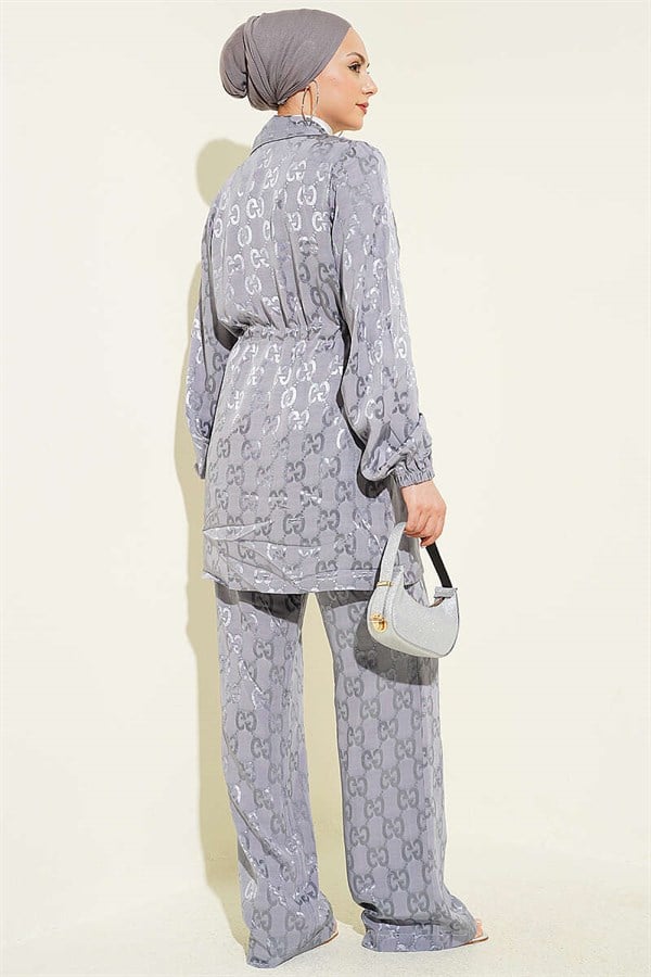 Waist Tunnel Jacquard Patterned 2 Piece Set in Grey