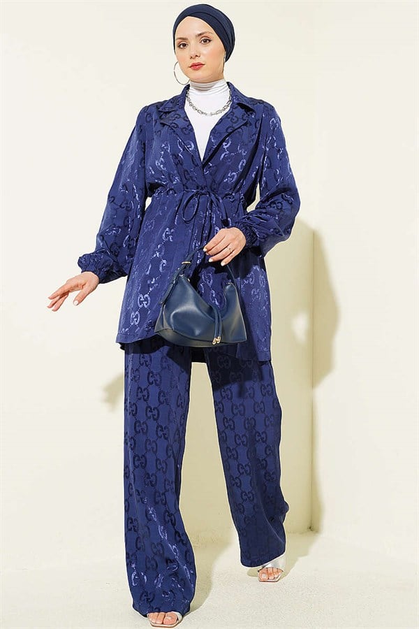 2 Piece Set with Jacquard Pattern and Waistline, Navy Blue