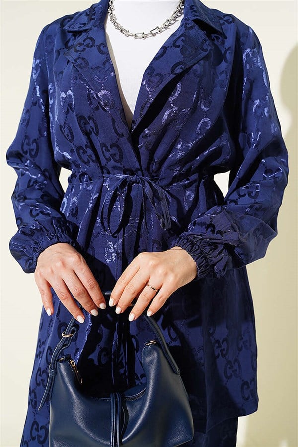 2 Piece Set with Jacquard Pattern and Waistline, Navy Blue