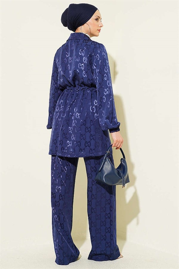 2 Piece Set with Jacquard Pattern and Waistline, Navy Blue
