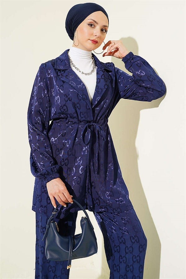 2 Piece Set with Jacquard Pattern and Waistline, Navy Blue