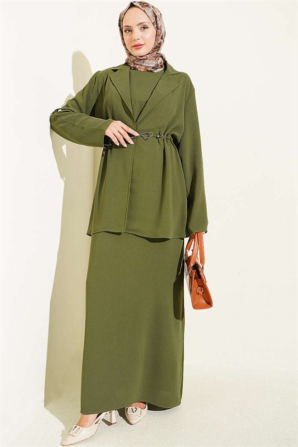 Waist-Tunnel Sleeveless Dress, Khaki