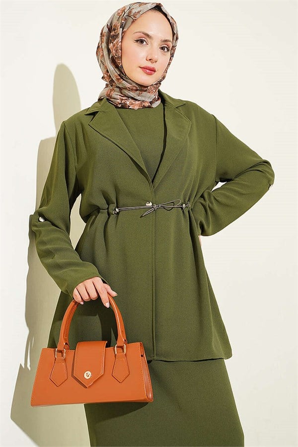 Waist-Tunnel Sleeveless Dress, Khaki
