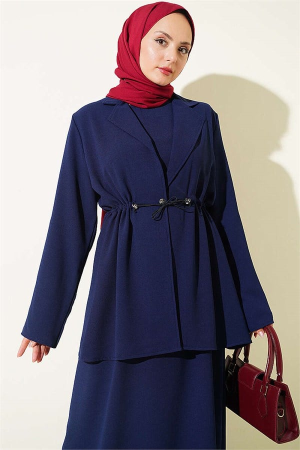 Navy Blue Sleeveless Dress with Waistline Tunnel