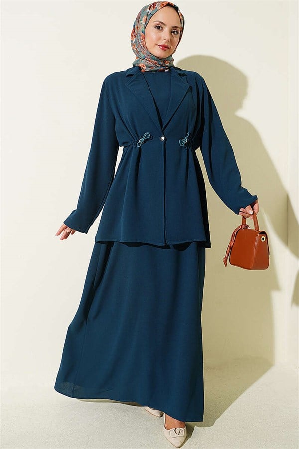 Waist-Tunnel Sleeveless Dress in Petrol Green