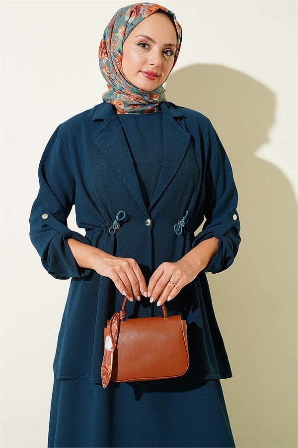 Waist-Tunnel Sleeveless Dress in Petrol Green
