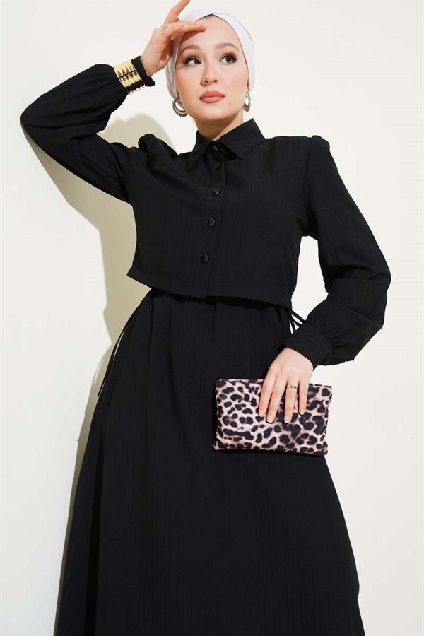 Waist Tunnel Embossed Striped Vest 2 Piece Set 2 Piece Set Black