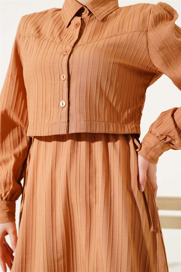 Waist Tunnel Embossed Striped Vest 2 Piece Set 2 Piece Set Latte