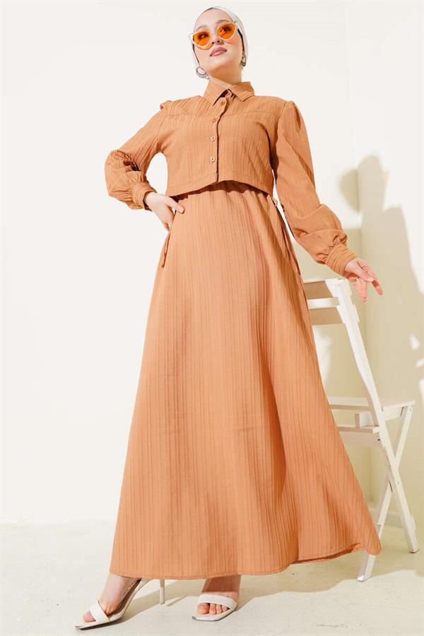 Waist Tunnel Embossed Striped Vest 2 Piece Set 2 Piece Set Latte