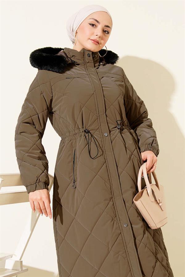 Waist Tunnel Hooded Quilted Coat Brown