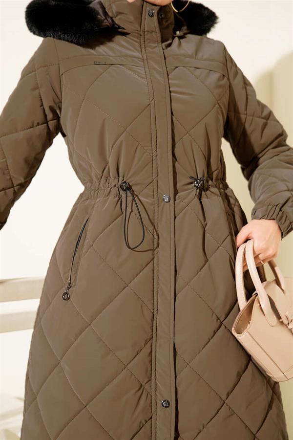 Waist Tunnel Hooded Quilted Coat Brown