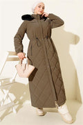Waist Tunnel Hooded Quilted Coat Brown