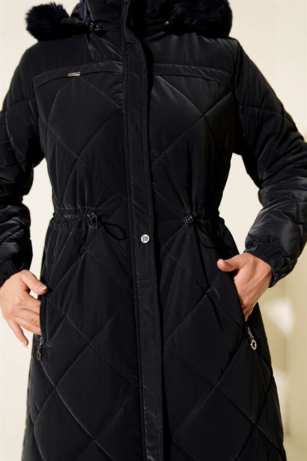 Waist Tunnel Hooded Quilted Coat Navy Blue