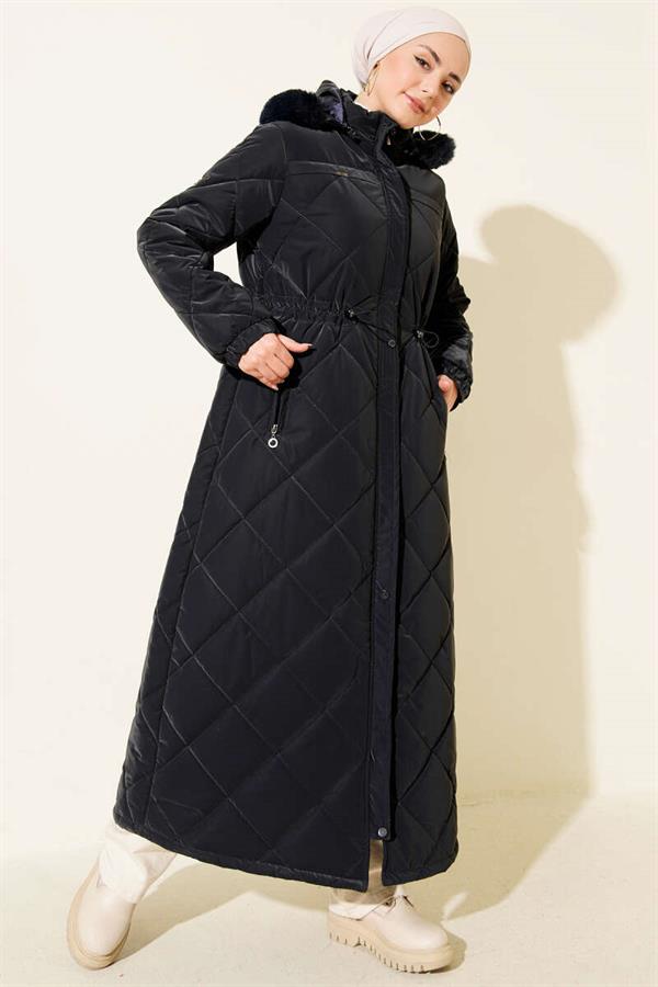 Waist Tunnel Hooded Quilted Coat Navy Blue