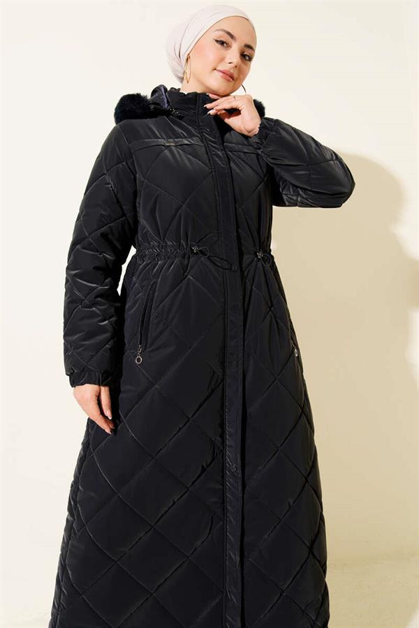 Waist Tunnel Hooded Quilted Coat Navy Blue