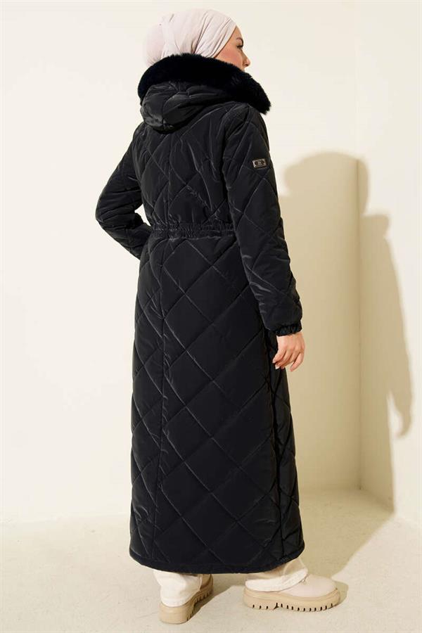 Waist Tunnel Hooded Quilted Coat Navy Blue