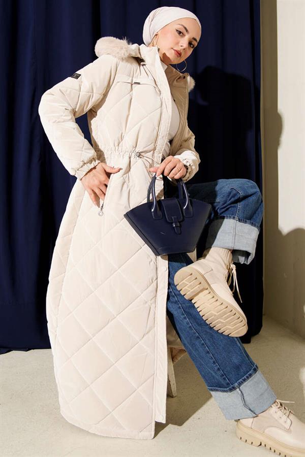 Waist Tunnel Hooded Quilted Coat Stone