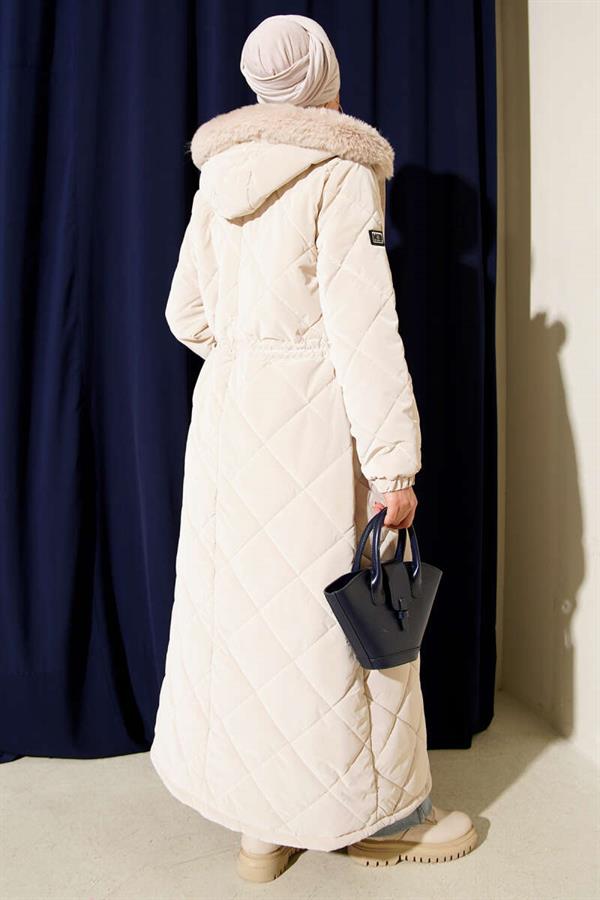 Waist Tunnel Hooded Quilted Coat Stone