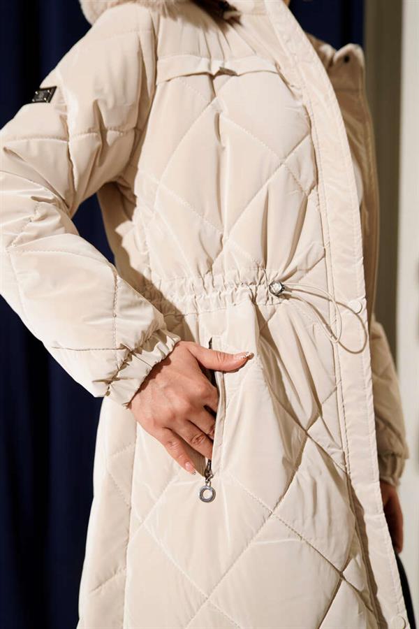 Waist Tunnel Hooded Quilted Coat Stone