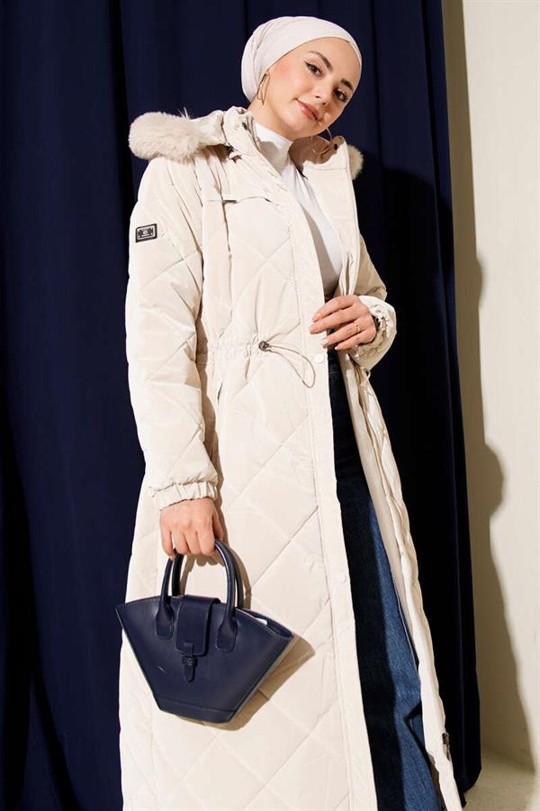 Waist Tunnel Hooded Quilted Coat Stone