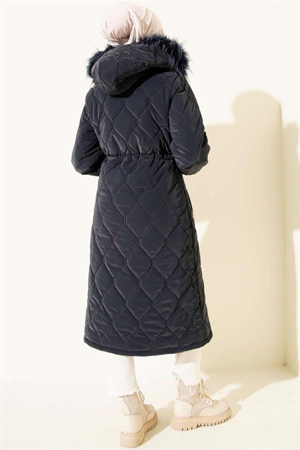 Quilted Padded Jacket with Waist Tunnel and Hood, Navy Blue