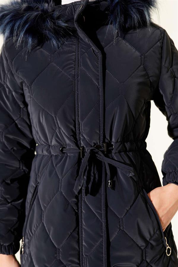 Quilted Padded Jacket with Waist Tunnel and Hood, Navy Blue