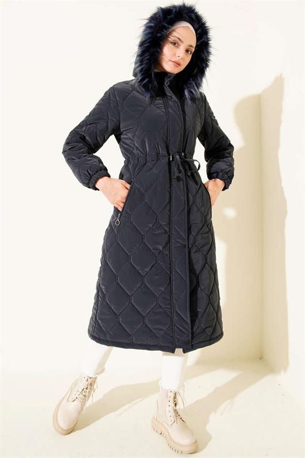 Quilted Padded Jacket with Waist Tunnel and Hood, Navy Blue