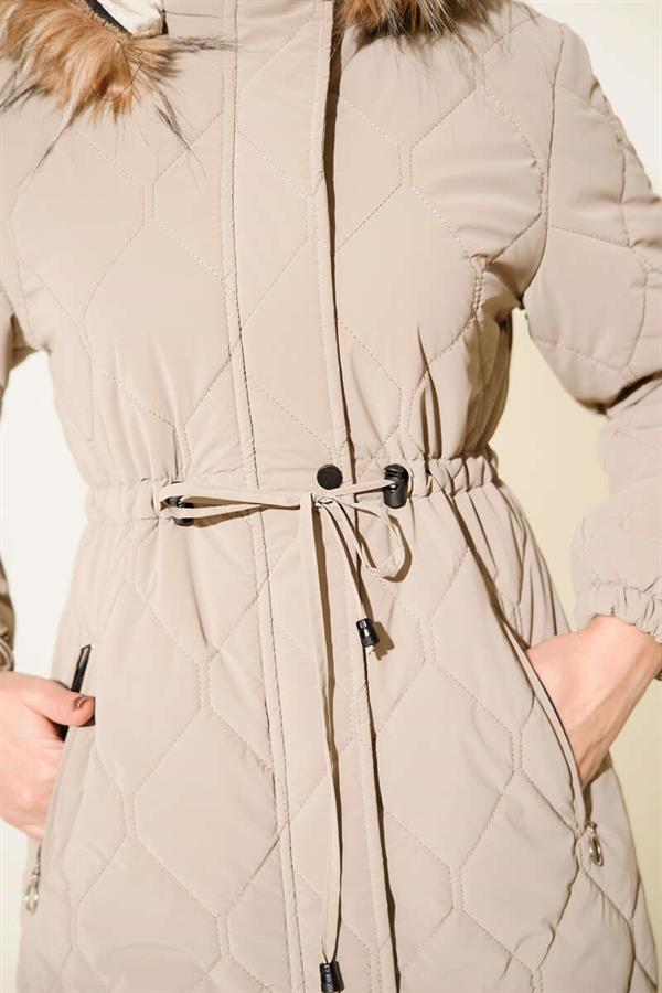 Quilted Padded Jacket with Waist Tunnel and Hood, Beige