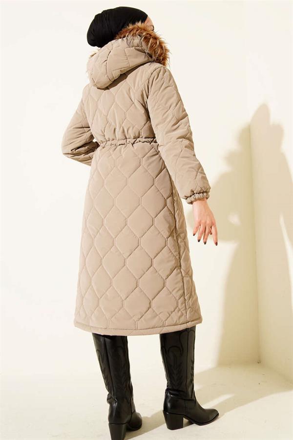 Quilted Padded Jacket with Waist Tunnel and Hood, Beige
