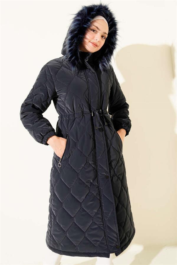 Quilted Padded Jacket with Waist Tunnel and Hood, Navy Blue