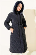 Quilted Padded Jacket with Waist Tunnel and Hood, Navy Blue