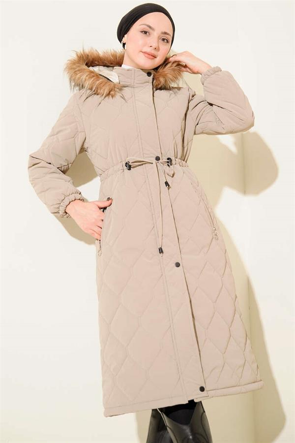 Quilted Padded Jacket with Waist Tunnel and Hood, Beige