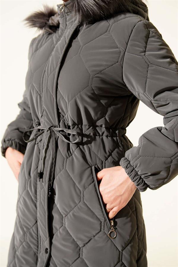 Quilted Padded Jacket with Waist Tunnel and Hood, Smoke Grey
