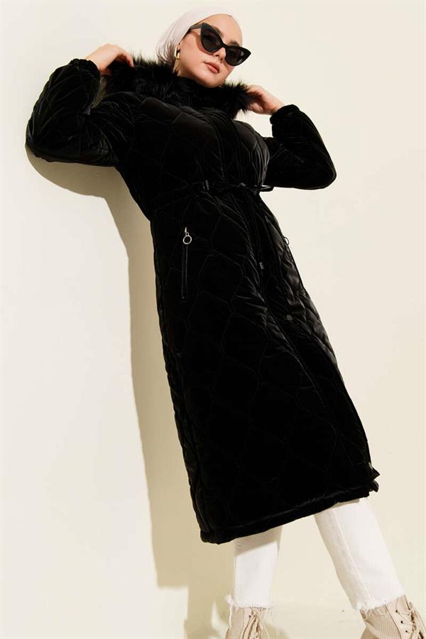 Black Quilted Padded Jacket with Waist Tunnel and Hood