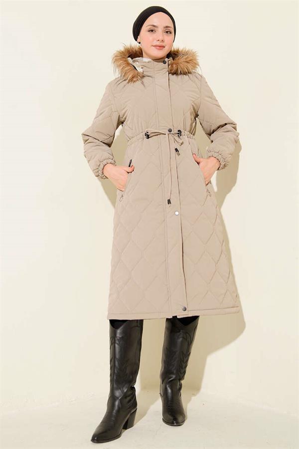 Quilted Padded Jacket with Waist Tunnel and Hood, Beige
