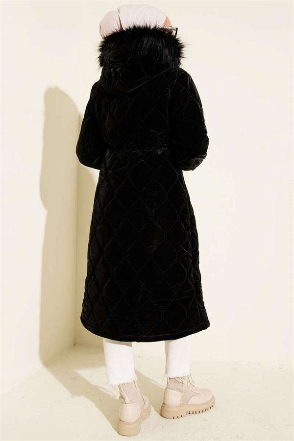 Black Quilted Padded Jacket with Waist Tunnel and Hood