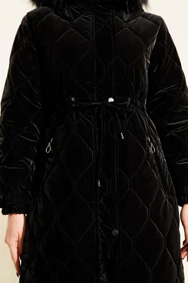 Black Quilted Padded Jacket with Waist Tunnel and Hood