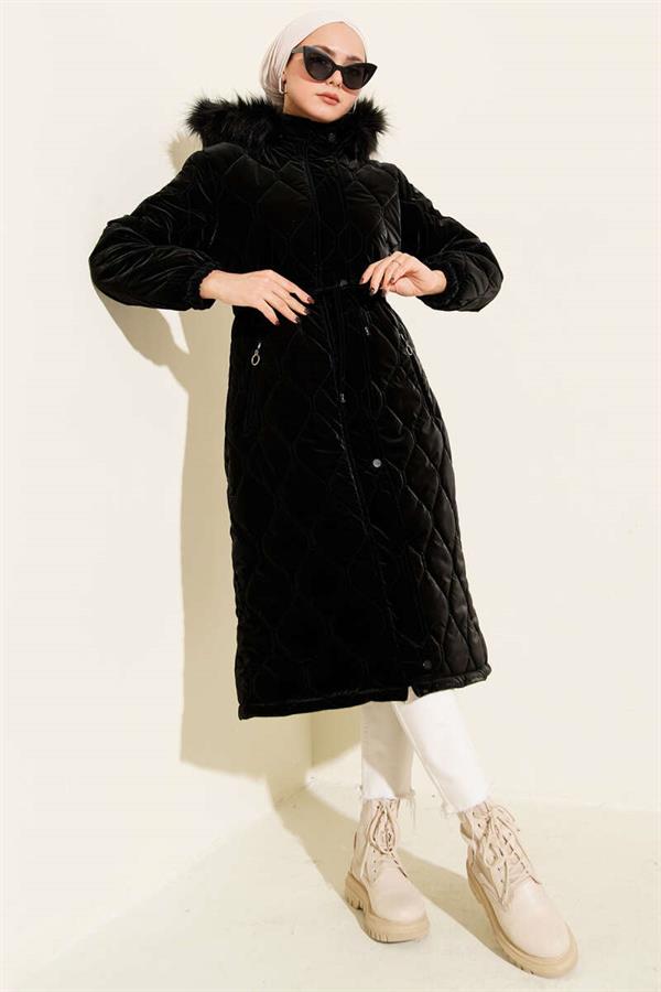 Black Quilted Padded Jacket with Waist Tunnel and Hood