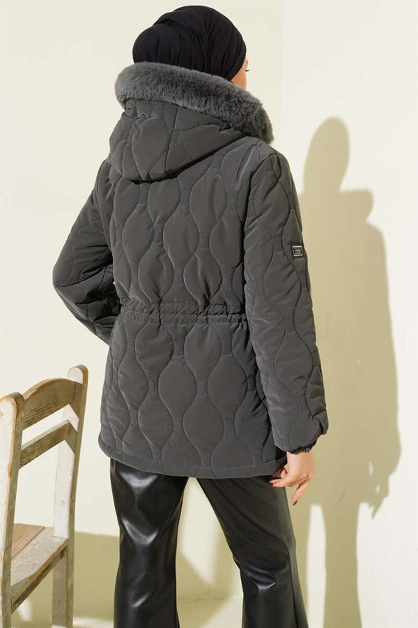 Short Quilted Hooded Jacket with Waist Tunnel, Dark Gray
