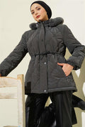 Short Quilted Hooded Jacket with Waist Tunnel, Dark Gray