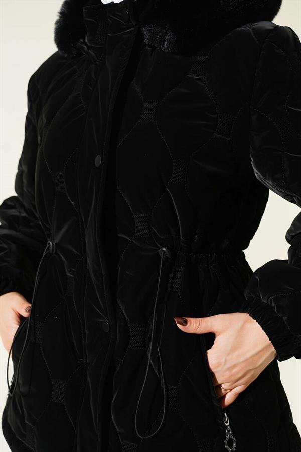 Black Short Quilted Hooded Jacket with Waist Tunnel