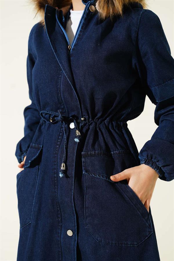 Waist Tunnel Hooded Denim Coat Navy Blue