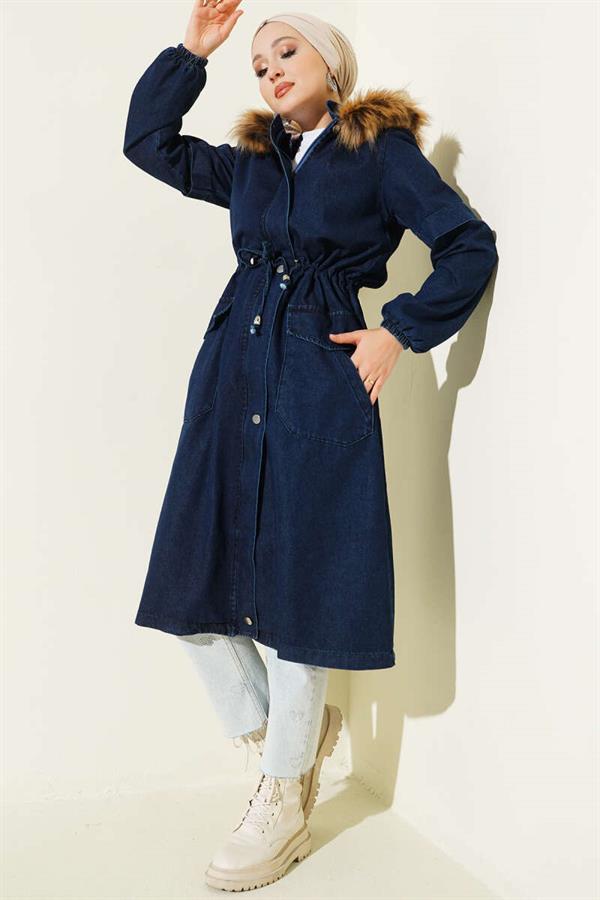 Waist Tunnel Hooded Denim Coat Navy Blue