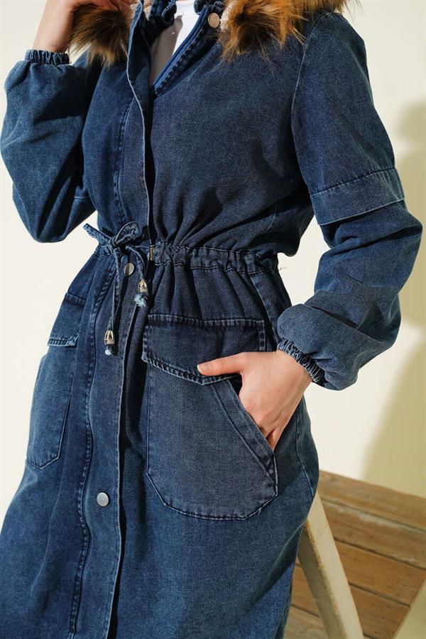 Waist Tunnel Hooded Denim Jacket Blue