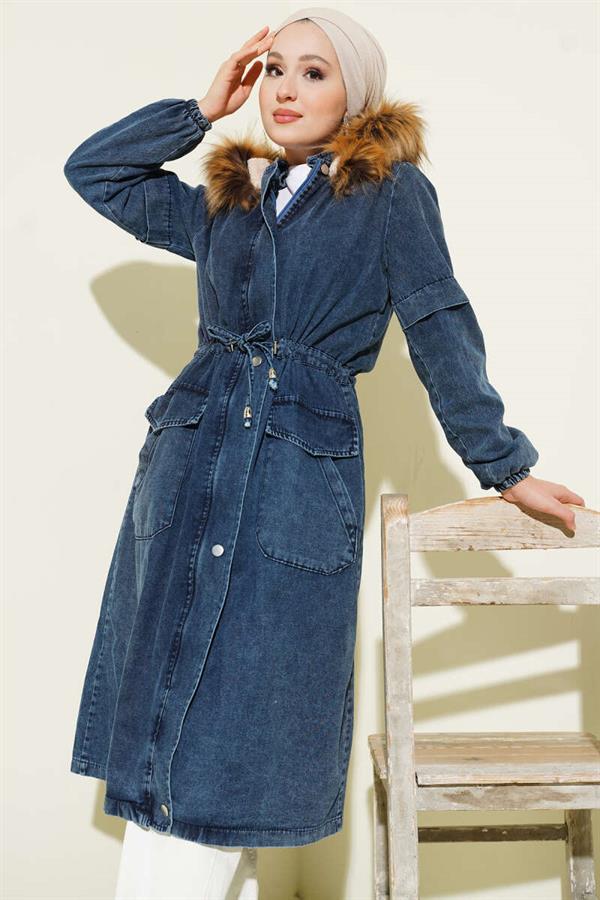 Waist Tunnel Hooded Denim Jacket Blue