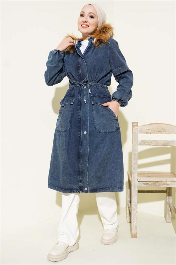 Waist Tunnel Hooded Denim Jacket Blue