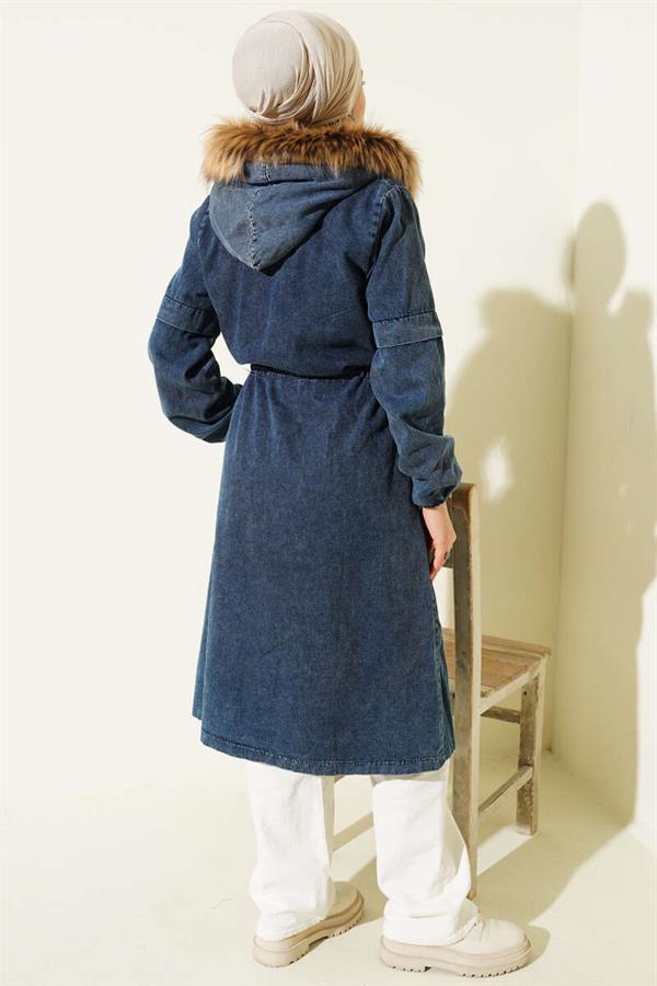 Waist Tunnel Hooded Denim Jacket Blue