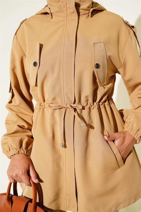 Waist Tunnel Hooded Trench Coat Camel