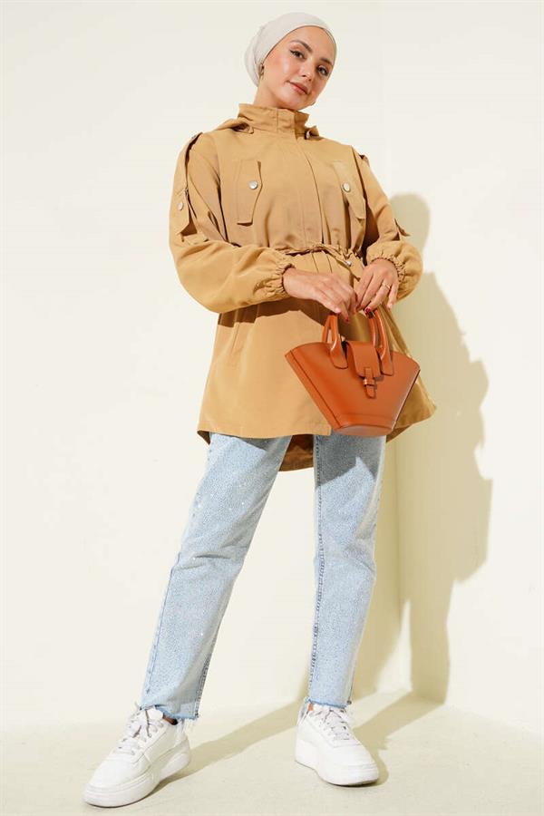 Waist Tunnel Hooded Trench Coat Camel