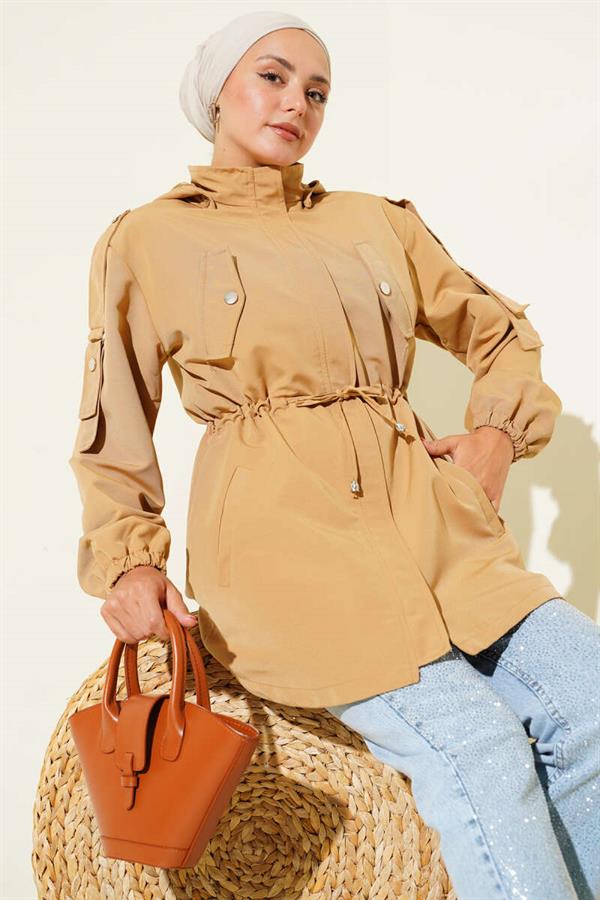 Waist Tunnel Hooded Trench Coat Camel